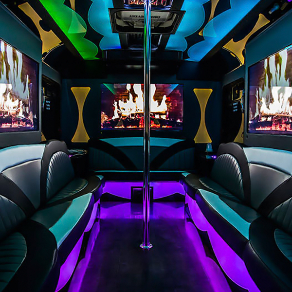 party bus interior with a dance pole
