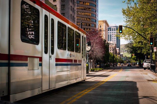 bus crossing the city